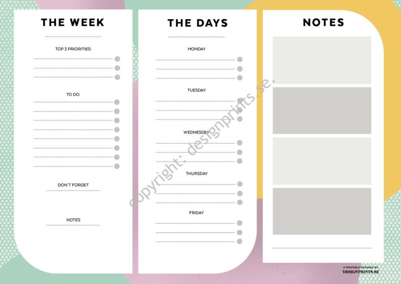 vecko-planering, planera för veckan, snygg planeringskalender, nedladdningsbar planering, Weekly planner